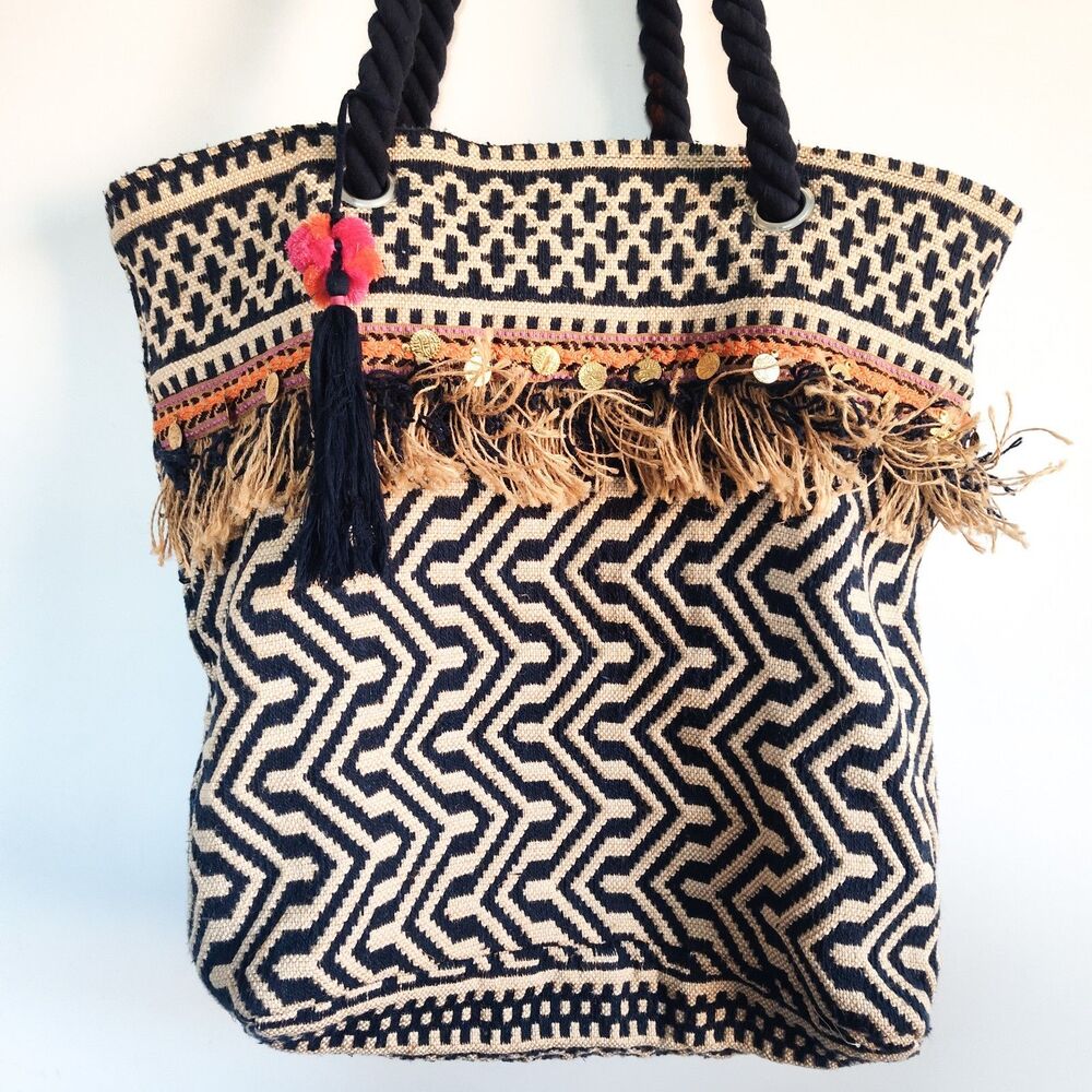 C&C California Bag Tote Woven Jute Boho Shoulder Fringe Navy Cream Coins Hippie - Picture 3 of 11